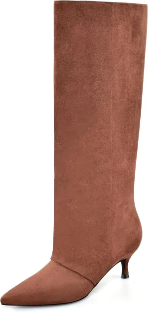 MIRAAZZURRA Knee High Boots Kitten Heel Tall Boots Low Heel Pointed Toe Pull on Slouchy Fashion Long Boots for Women