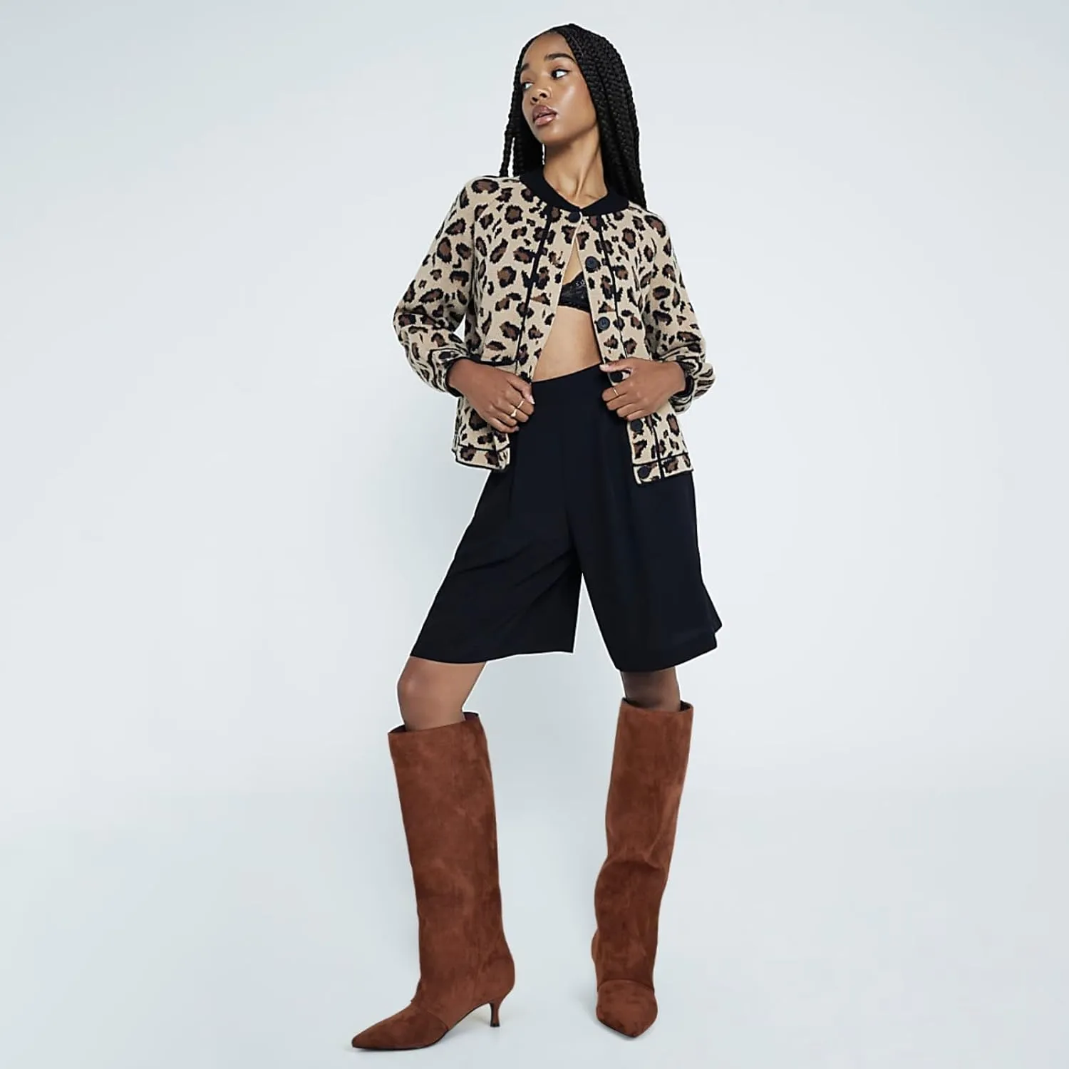 MIRAAZZURRA Knee High Boots Kitten Heel Tall Boots Low Heel Pointed Toe Pull on Slouchy Fashion Long Boots for Women