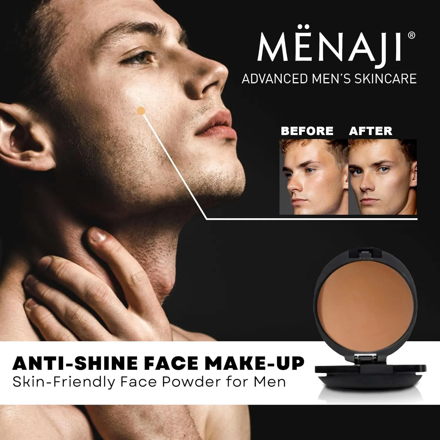 MËNAJI Anti-Shine Powder (HDPV) - Anti-Shine Face Make-Up for Men - Natural Looking Makeup - Mens Cosmetics - Light