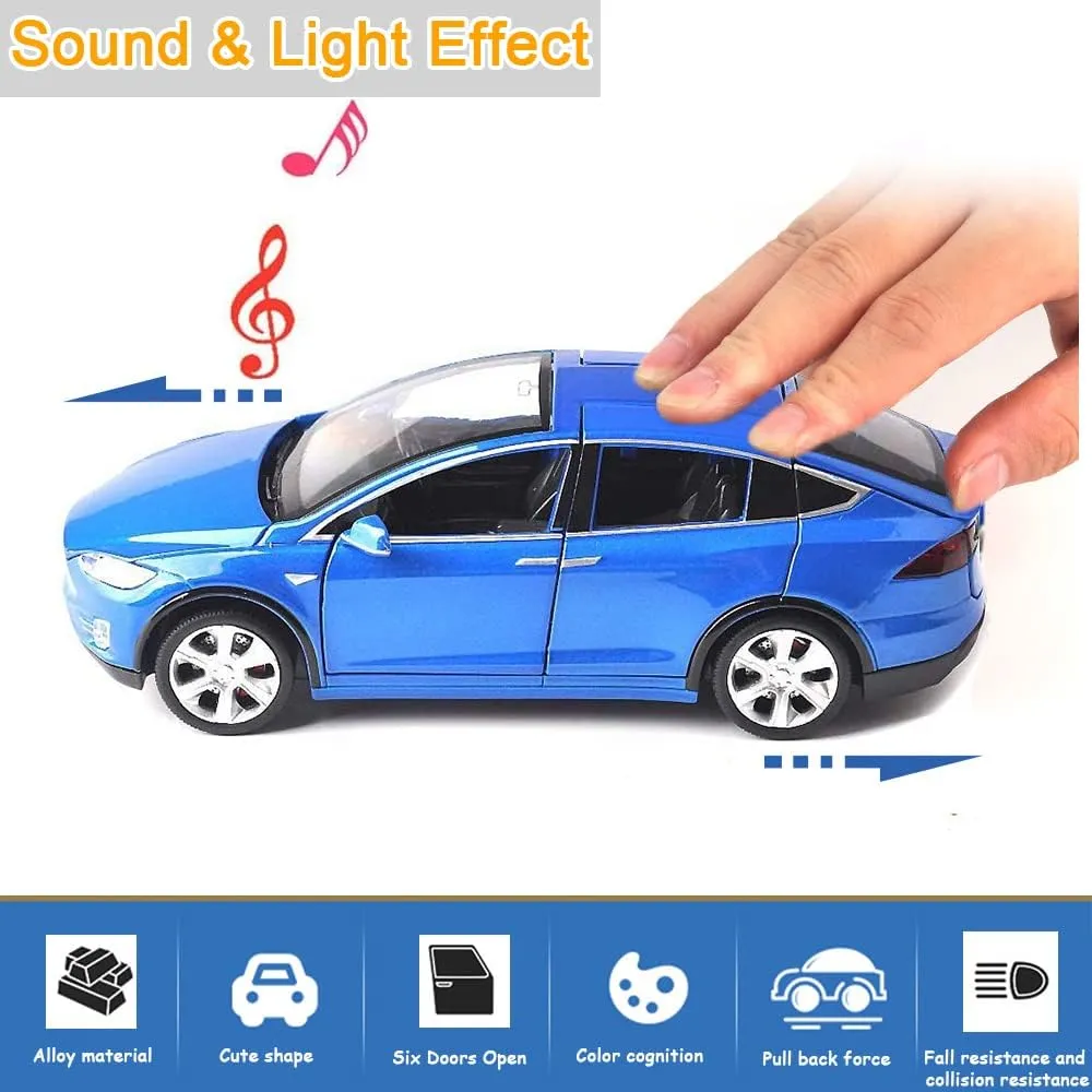 Model X Diecast Car Toy, 1:32 Scale Zinc Alloy Model Car, Pull Back Vehicles with Opening Doors & Light, Mini Collectible Toy Car for Toddlers