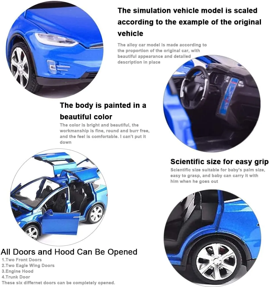 Model X Diecast Car Toy, 1:32 Scale Zinc Alloy Model Car, Pull Back Vehicles with Opening Doors & Light, Mini Collectible Toy Car for Toddlers