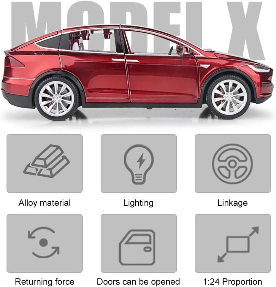Model X Toy Car 1/24 Diecast Model X Model Car Pull Back Vehicles with Sound and Light, Eagle Wing Door, Big Model X Diecast Car Model Toy Suitable for Kids Adults Birthday Gift