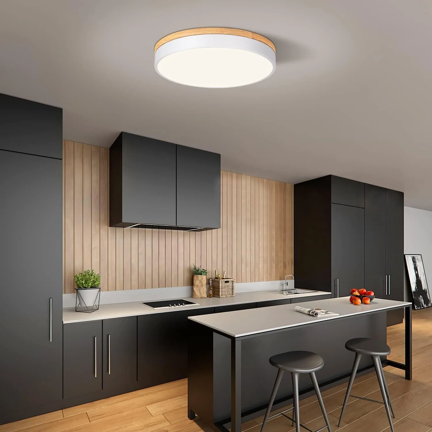 Modern Dimmable LED Close to Ceiling Light Minimalist Wood Oak Flush Mount Ceiling Light Fixture Circle Lighting with Lampshade for Bedroom Living Room Bathroom Laundry Room (White, 15.7'')
