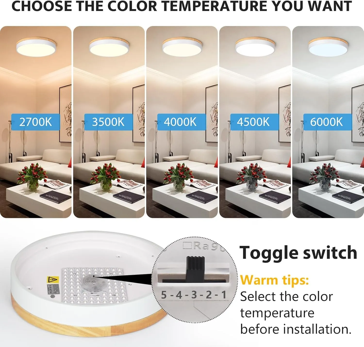Modern Dimmable LED Close to Ceiling Light Minimalist Wood Oak Flush Mount Ceiling Light Fixture Circle Lighting with Lampshade for Bedroom Living Room Bathroom Laundry Room (White, 15.7'')