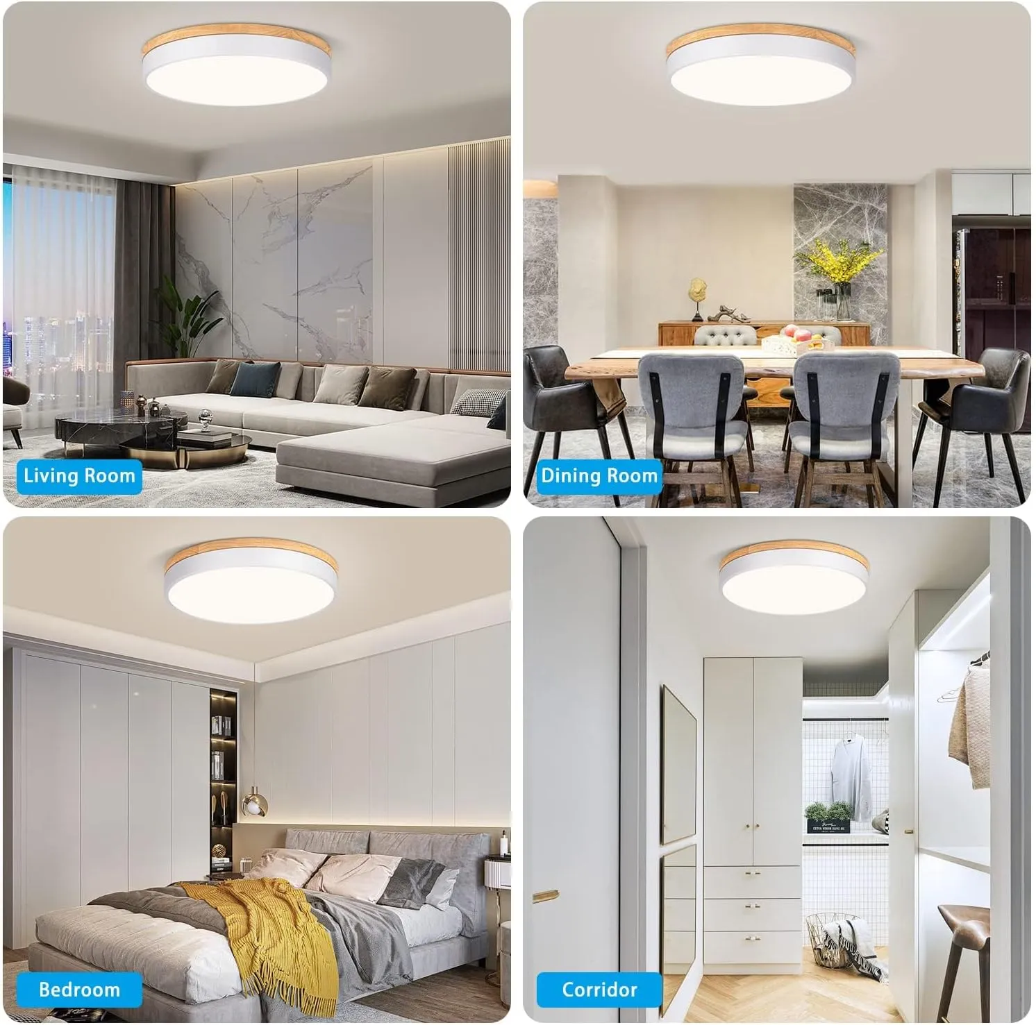 Modern Dimmable LED Close to Ceiling Light Minimalist Wood Oak Flush Mount Ceiling Light Fixture Circle Lighting with Lampshade for Bedroom Living Room Bathroom Laundry Room (White, 15.7'')