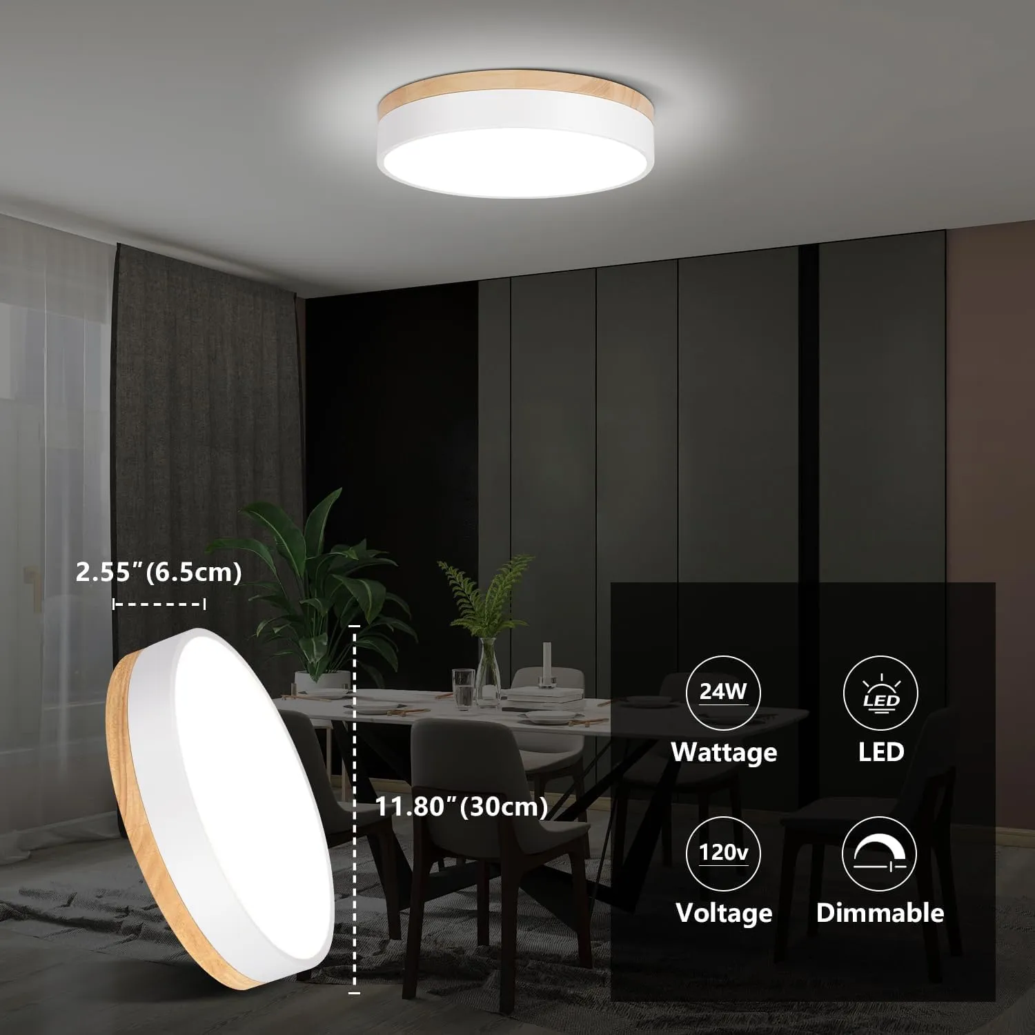 Modern Dimmable LED Close to Ceiling Light Minimalist Wood Oak Flush Mount Ceiling Light Fixture Circle Lighting with Lampshade for Bedroom Living Room Bathroom Laundry Room (White, 15.7'')