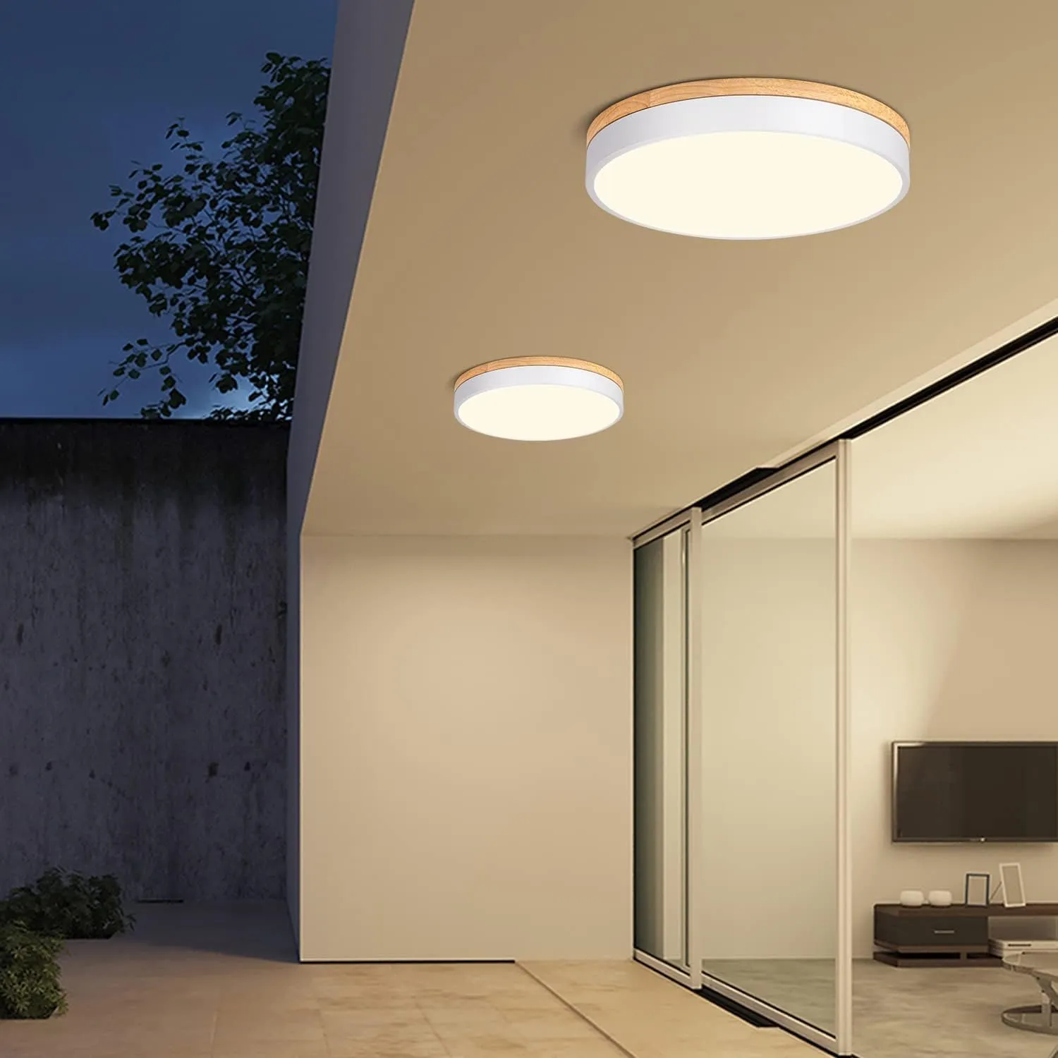 Modern Dimmable LED Close to Ceiling Light Minimalist Wood Oak Flush Mount Ceiling Light Fixture Circle Lighting with Lampshade for Bedroom Living Room Bathroom Laundry Room (White, 15.7'')