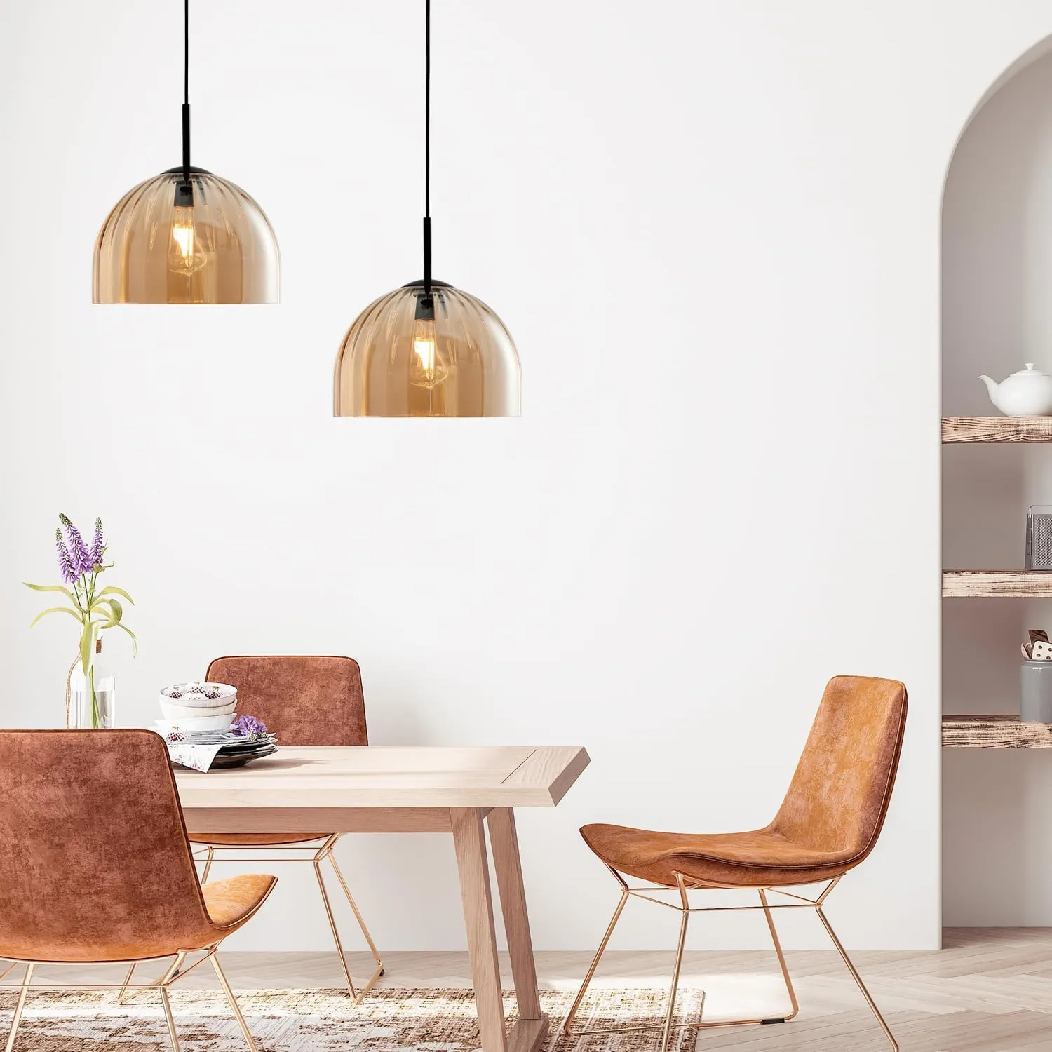 Modern Dome Pendant Lighting Fixture Kitchen Island, 11.8 Inch Large Boho Chandelier, Rustic Farmhouse Industrial Hanging Ceiling Lamp with Amber Glass Bell Lampshade for Dining Room