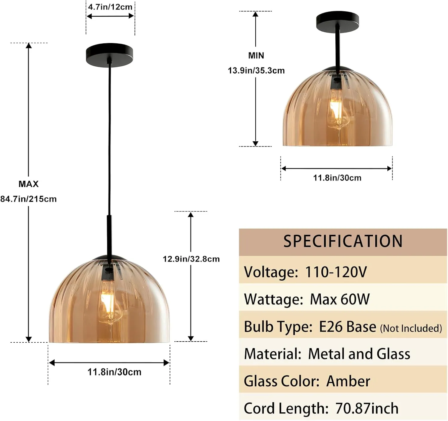 Modern Dome Pendant Lighting Fixture Kitchen Island, 11.8 Inch Large Boho Chandelier, Rustic Farmhouse Industrial Hanging Ceiling Lamp with Amber Glass Bell Lampshade for Dining Room