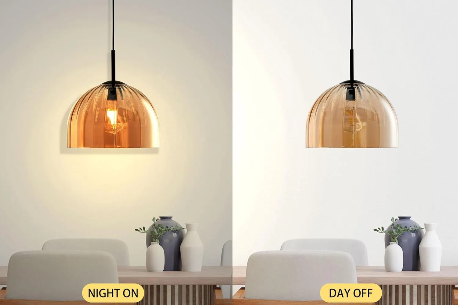 Modern Dome Pendant Lighting Fixture Kitchen Island, 11.8 Inch Large Boho Chandelier, Rustic Farmhouse Industrial Hanging Ceiling Lamp with Amber Glass Bell Lampshade for Dining Room