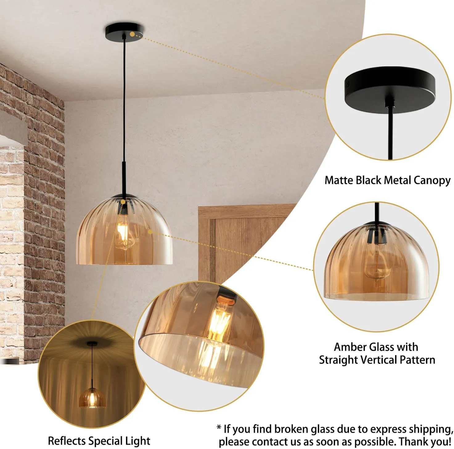 Modern Dome Pendant Lighting Fixture Kitchen Island, 11.8 Inch Large Boho Chandelier, Rustic Farmhouse Industrial Hanging Ceiling Lamp with Amber Glass Bell Lampshade for Dining Room
