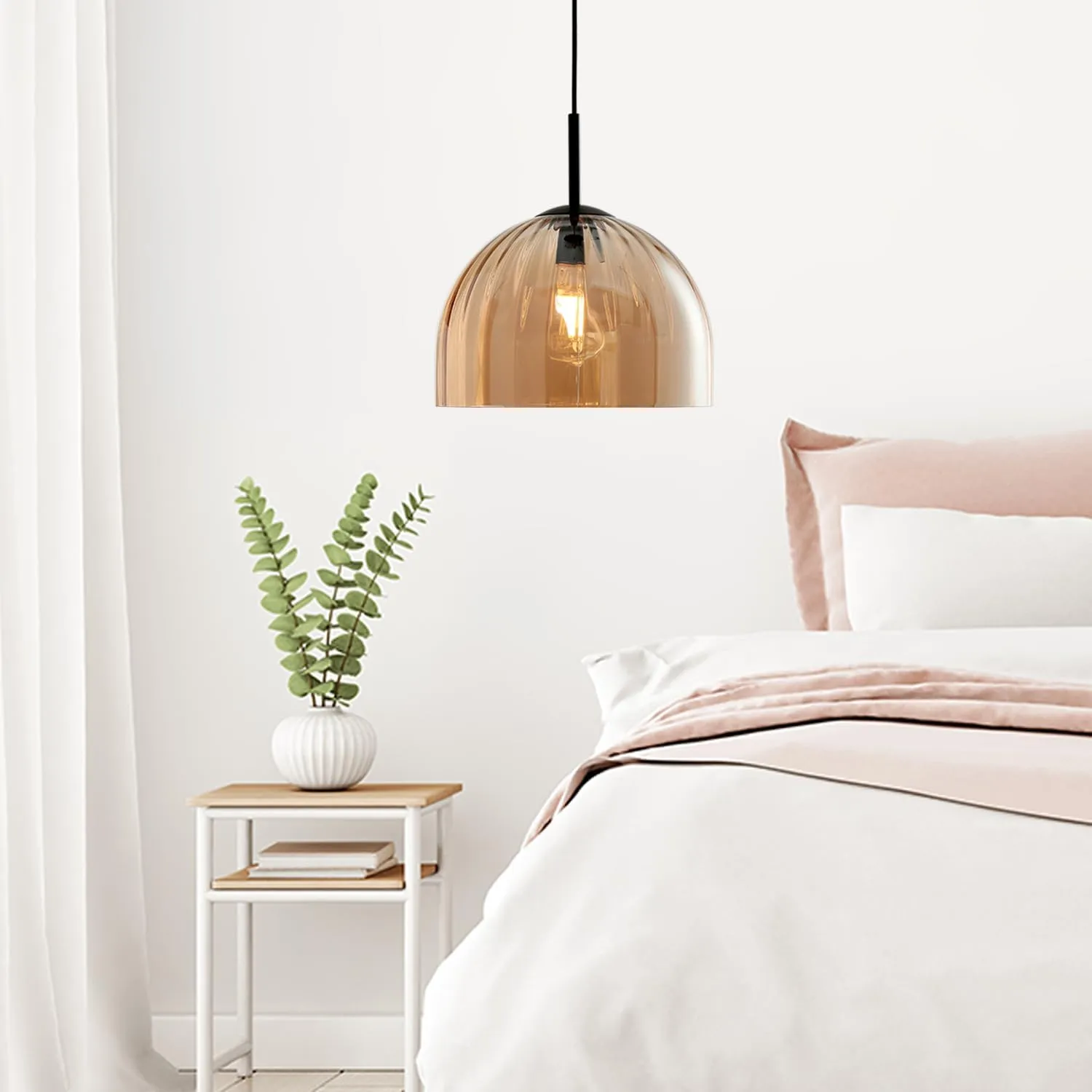 Modern Dome Pendant Lighting Fixture Kitchen Island, 11.8 Inch Large Boho Chandelier, Rustic Farmhouse Industrial Hanging Ceiling Lamp with Amber Glass Bell Lampshade for Dining Room