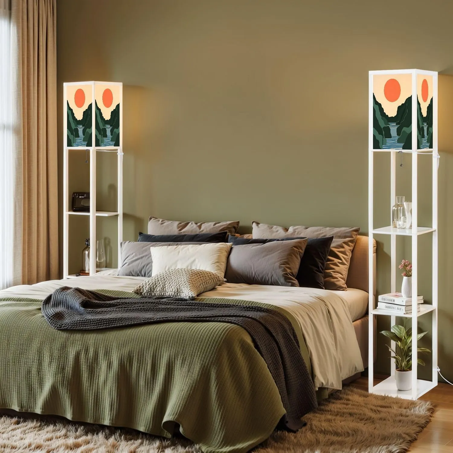Mountain Sky Sun Paper Cut Style Flat Abstract Hand Drawn Trendy Floor Lamps with Shelves, Modern Standing Lamp Narrow Corner Display Bookshelf Lamp for Living Room, Bedroom, Office Decor