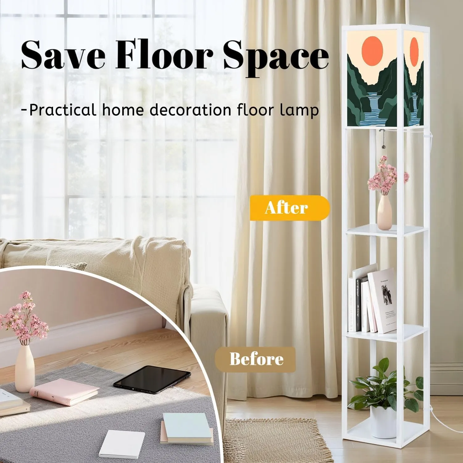 Mountain Sky Sun Paper Cut Style Flat Abstract Hand Drawn Trendy Floor Lamps with Shelves, Modern Standing Lamp Narrow Corner Display Bookshelf Lamp for Living Room, Bedroom, Office Decor