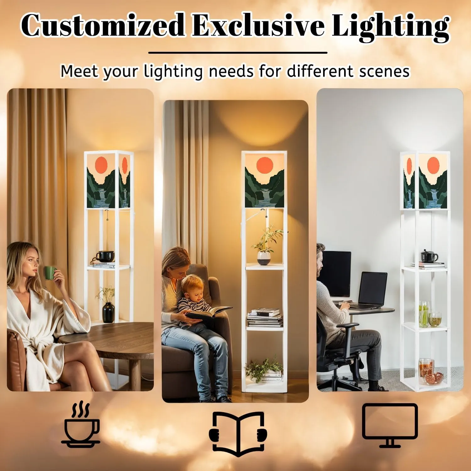 Mountain Sky Sun Paper Cut Style Flat Abstract Hand Drawn Trendy Floor Lamps with Shelves, Modern Standing Lamp Narrow Corner Display Bookshelf Lamp for Living Room, Bedroom, Office Decor