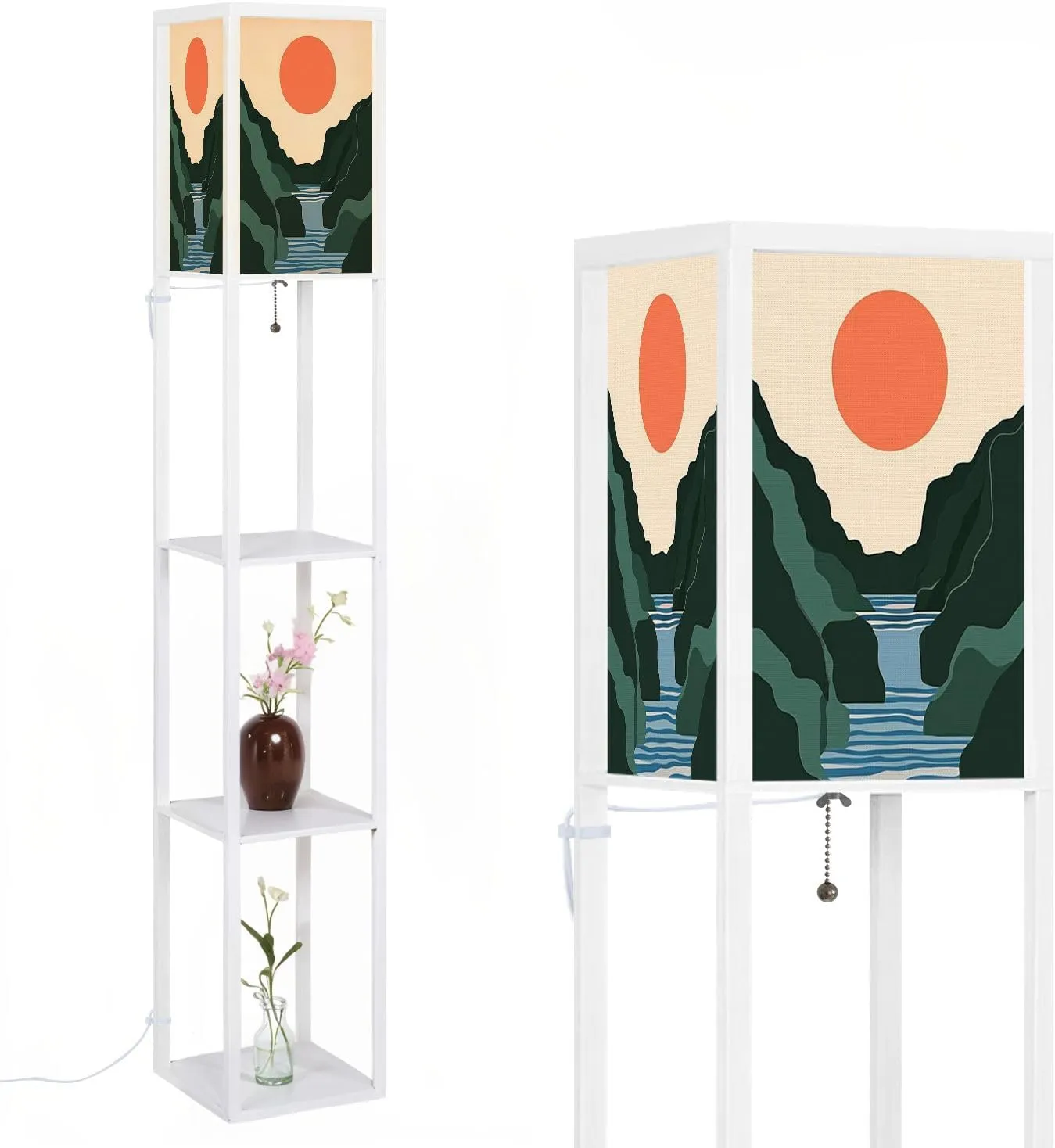 Mountain Sky Sun Paper Cut Style Flat Abstract Hand Drawn Trendy Floor Lamps with Shelves, Modern Standing Lamp Narrow Corner Display Bookshelf Lamp for Living Room, Bedroom, Office Decor