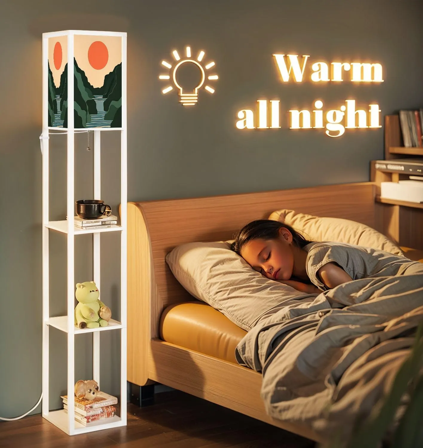 Mountain Sky Sun Paper Cut Style Flat Abstract Hand Drawn Trendy Floor Lamps with Shelves, Modern Standing Lamp Narrow Corner Display Bookshelf Lamp for Living Room, Bedroom, Office Decor