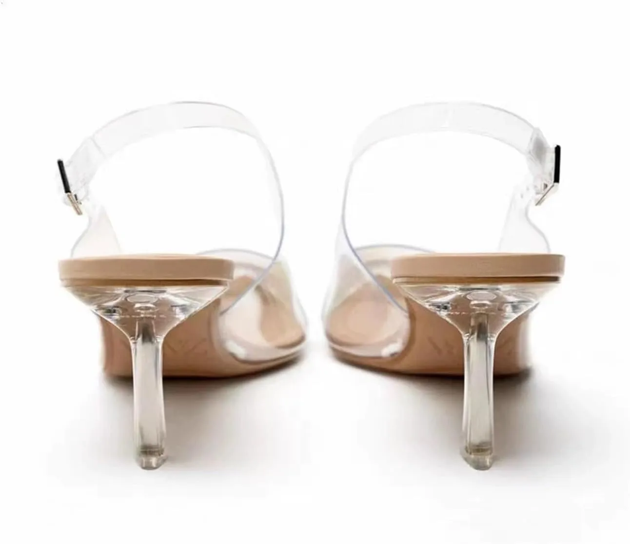 MRKEWUNEY Fashion Rhinestone Clear Slingback Pumps Shoes for Women Pointed Toe PVC Kitten Heels