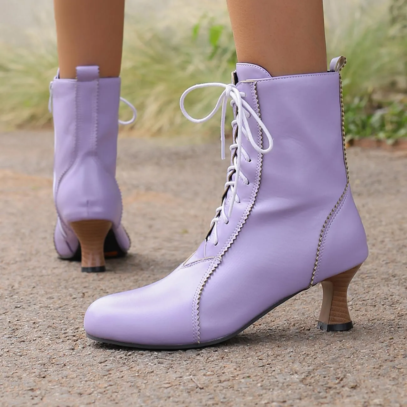 MRKEWUNEY Vintage Women Victorian Boots 70s Lace Up Kitten Heel Ankle Boots