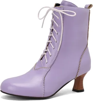 MRKEWUNEY Vintage Women Victorian Boots 70s Lace Up Kitten Heel Ankle Boots