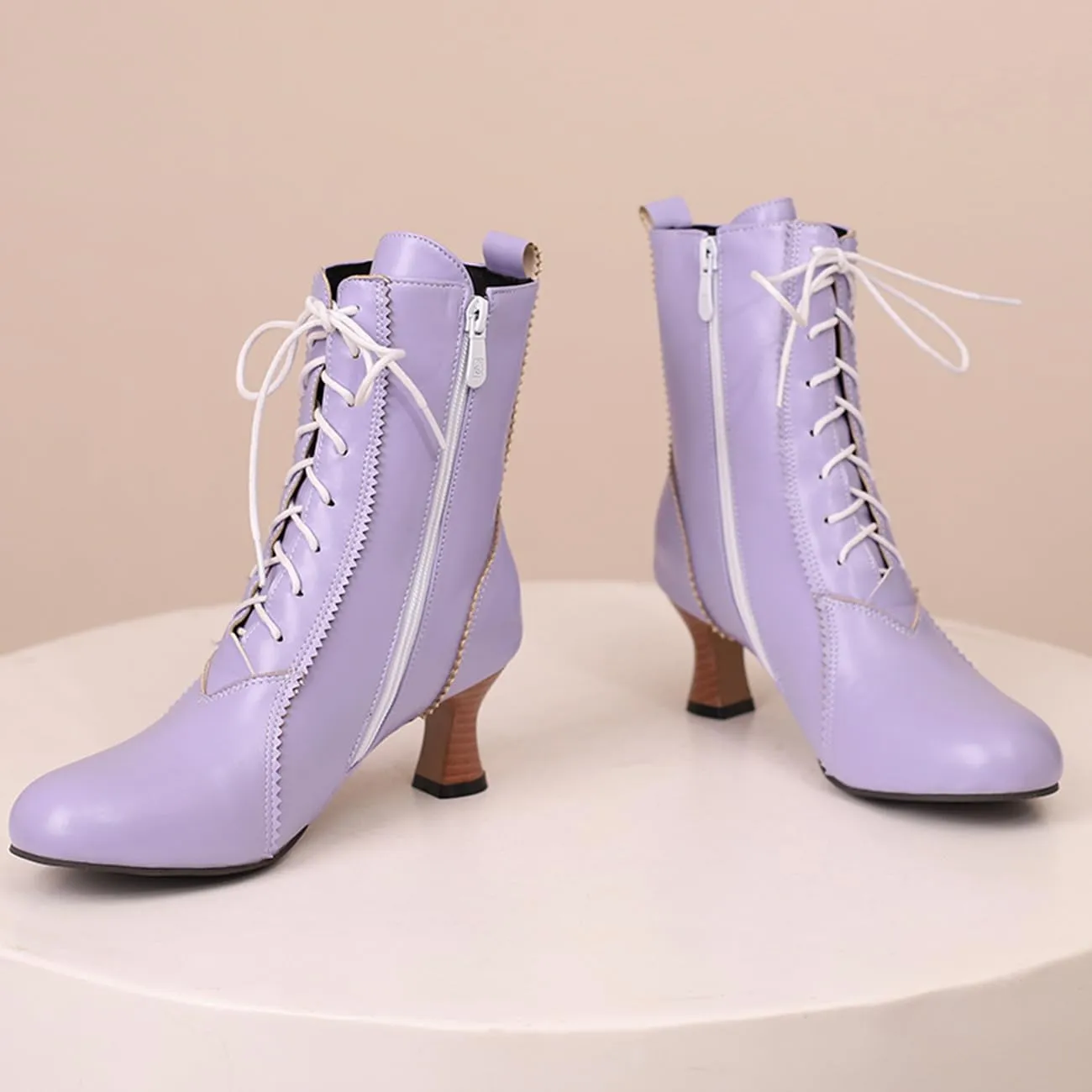 MRKEWUNEY Vintage Women Victorian Boots 70s Lace Up Kitten Heel Ankle Boots