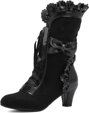 MRKEWUNEY Women Victorian Boots 70s Lace Up Kitten Heel Mild Calf Boots