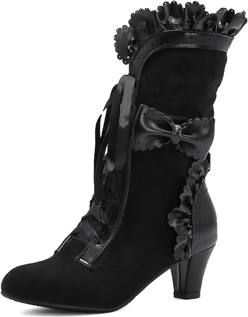 MRKEWUNEY Women Victorian Boots 70s Lace Up Kitten Heel Mild Calf Boots