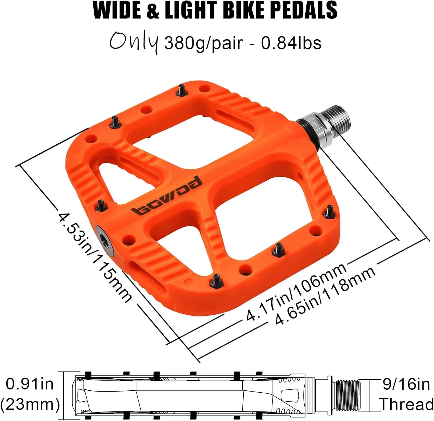 MTB Pedals Flat Mountain Bike Pedals Adult, Light and Wide Nylon Composite Bicycle Platform Pedal w Grippy Pins, 9/16" Cr-Mo Spindle 2 Bearings, Clipless Pedals for BMX Gravel Road E.Bike 9/16"