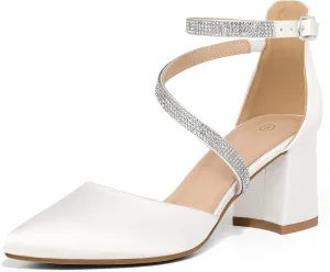 mysoft Women's Pumps Low Chunky Block Heels Pointed Toe Ankle Strap Across Instep Strap Party Wedding Dress Shoes