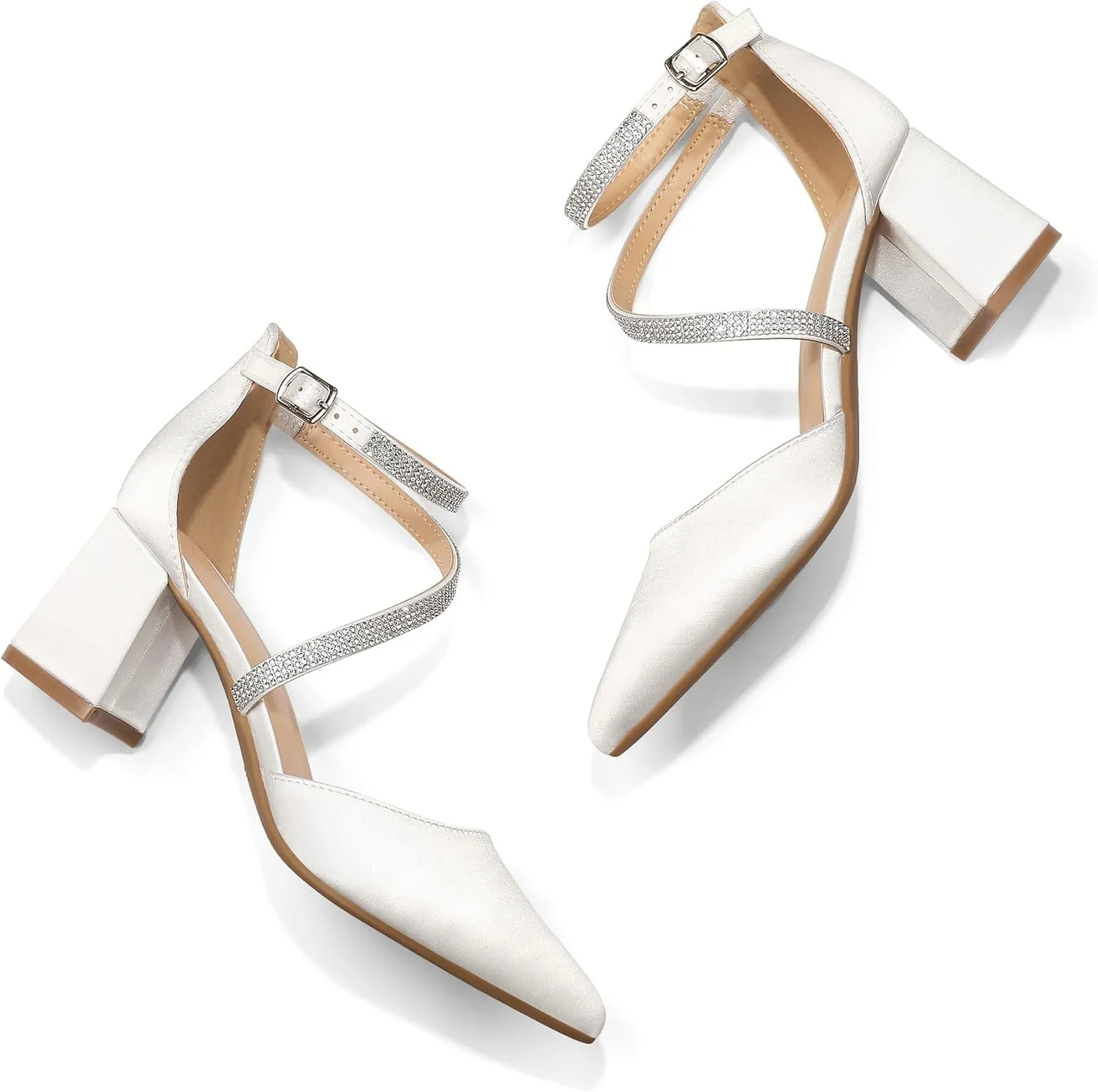 mysoft Women's Pumps Low Chunky Block Heels Pointed Toe Ankle Strap Across Instep Strap Party Wedding Dress Shoes