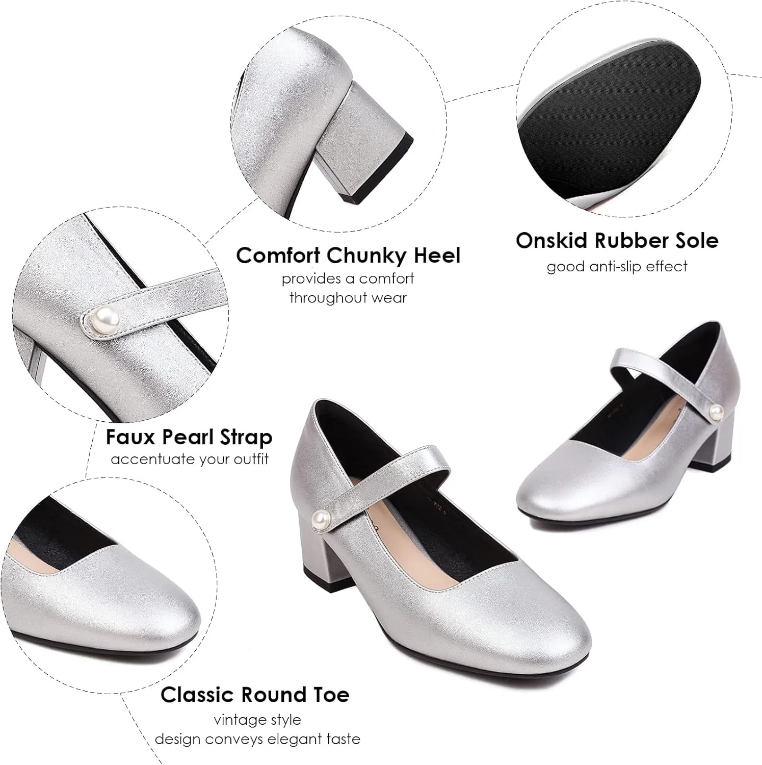 Naiyee Mary Jane Shoes Women Chunky Heel Ankle Strap Dress Shoes for Women Low Heels Close Rounded Toe Pumps