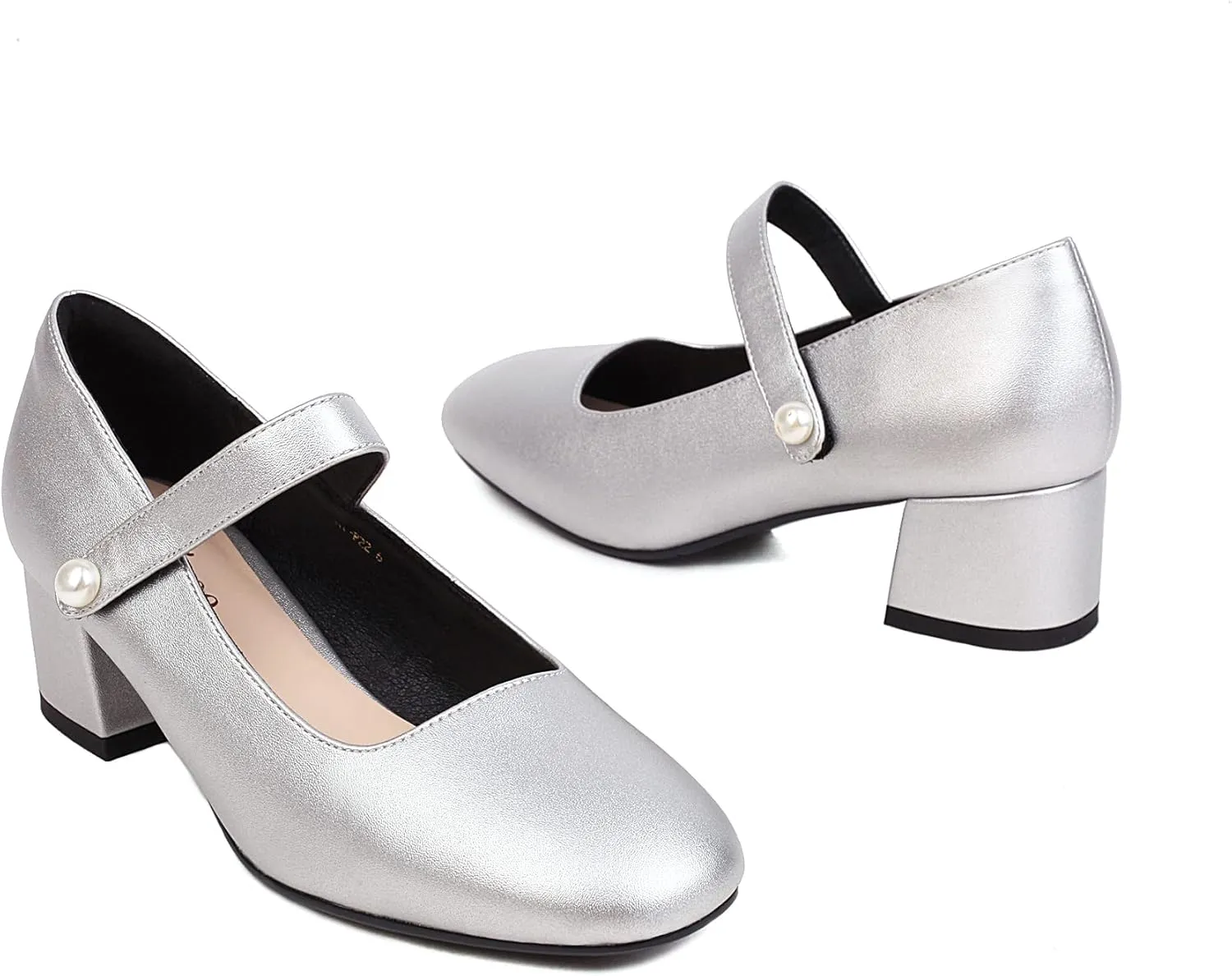 Naiyee Mary Jane Shoes Women Chunky Heel Ankle Strap Dress Shoes for Women Low Heels Close Rounded Toe Pumps