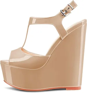 NobleOnly Women High Wedge Platform Heel Peep Open Toe Ankle Strap T-strap Slingback Buckle Sandals Wedding Party Dress 5.9 Inches Heels Shoes