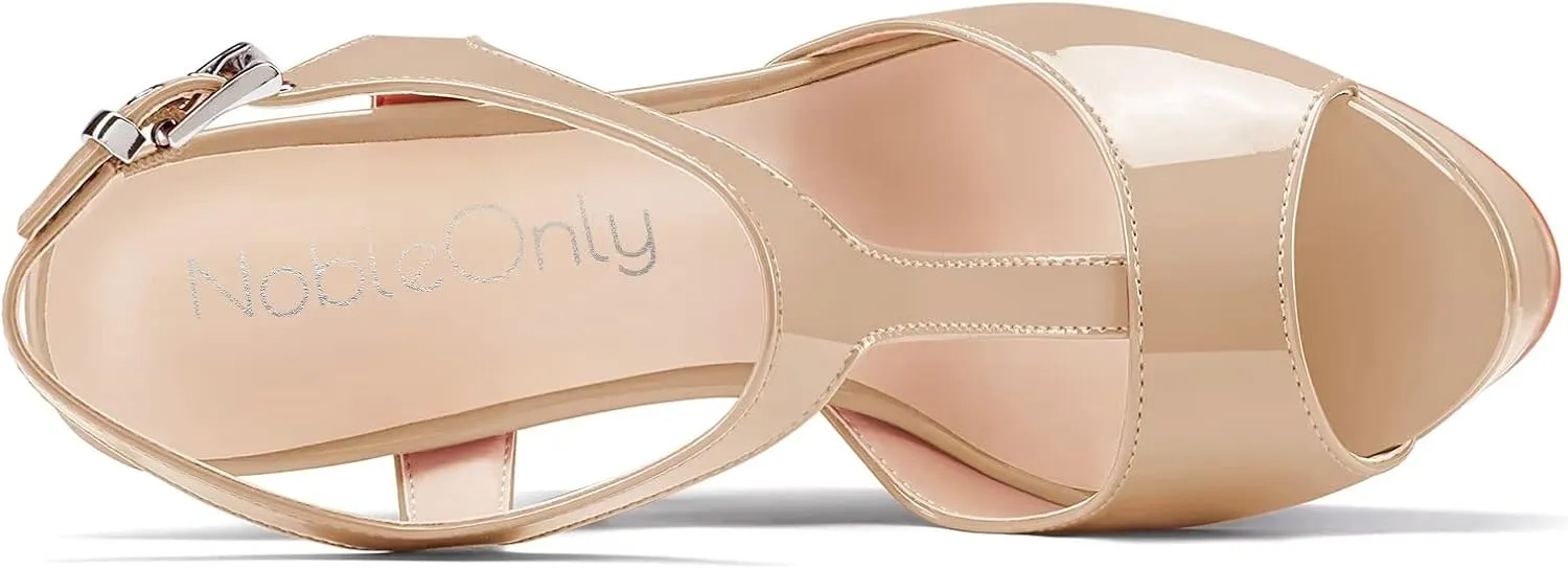 NobleOnly Women High Wedge Platform Heel Peep Open Toe Ankle Strap T-strap Slingback Buckle Sandals Wedding Party Dress 5.9 Inches Heels Shoes