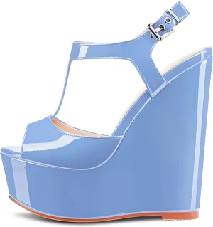 NobleOnly Women High Wedge Platform Heel Peep Open Toe Ankle Strap T-strap Slingback Buckle Sandals Wedding Party Dress 5.9 Inches Heels Shoes