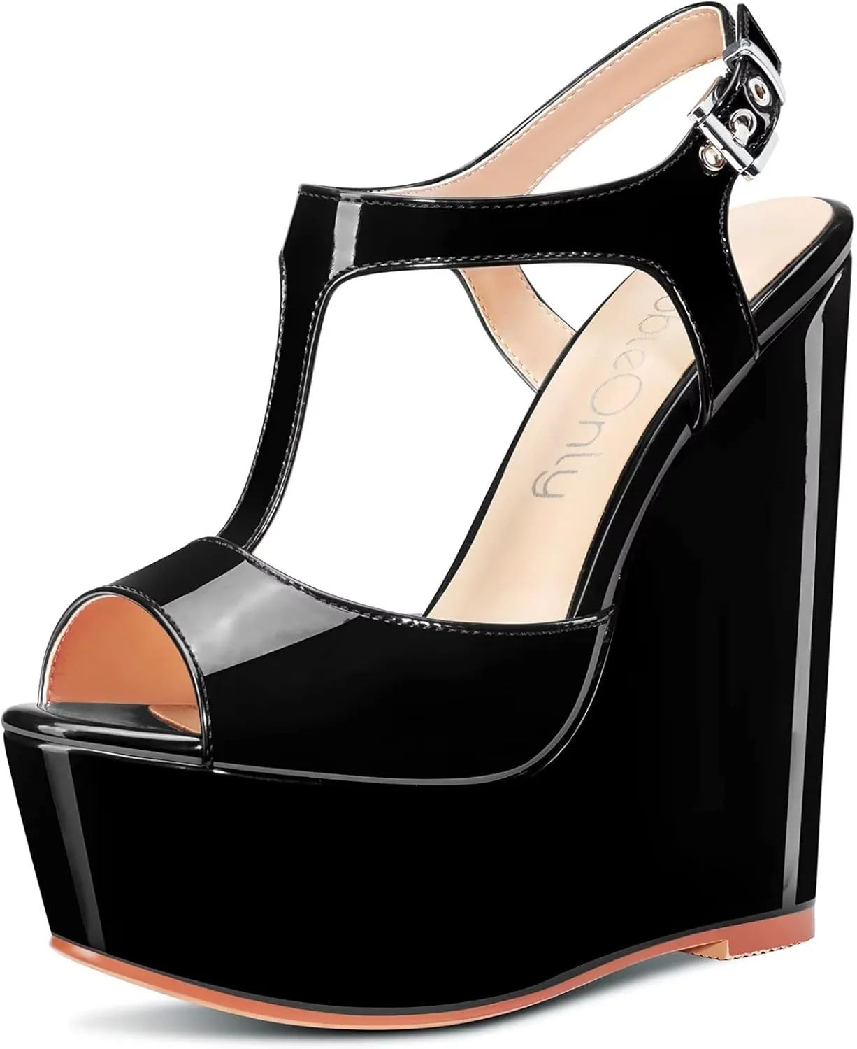 NobleOnly Women High Wedge Platform Heel Peep Open Toe Ankle Strap T-strap Slingback Buckle Sandals Wedding Party Dress 5.9 Inches Heels Shoes