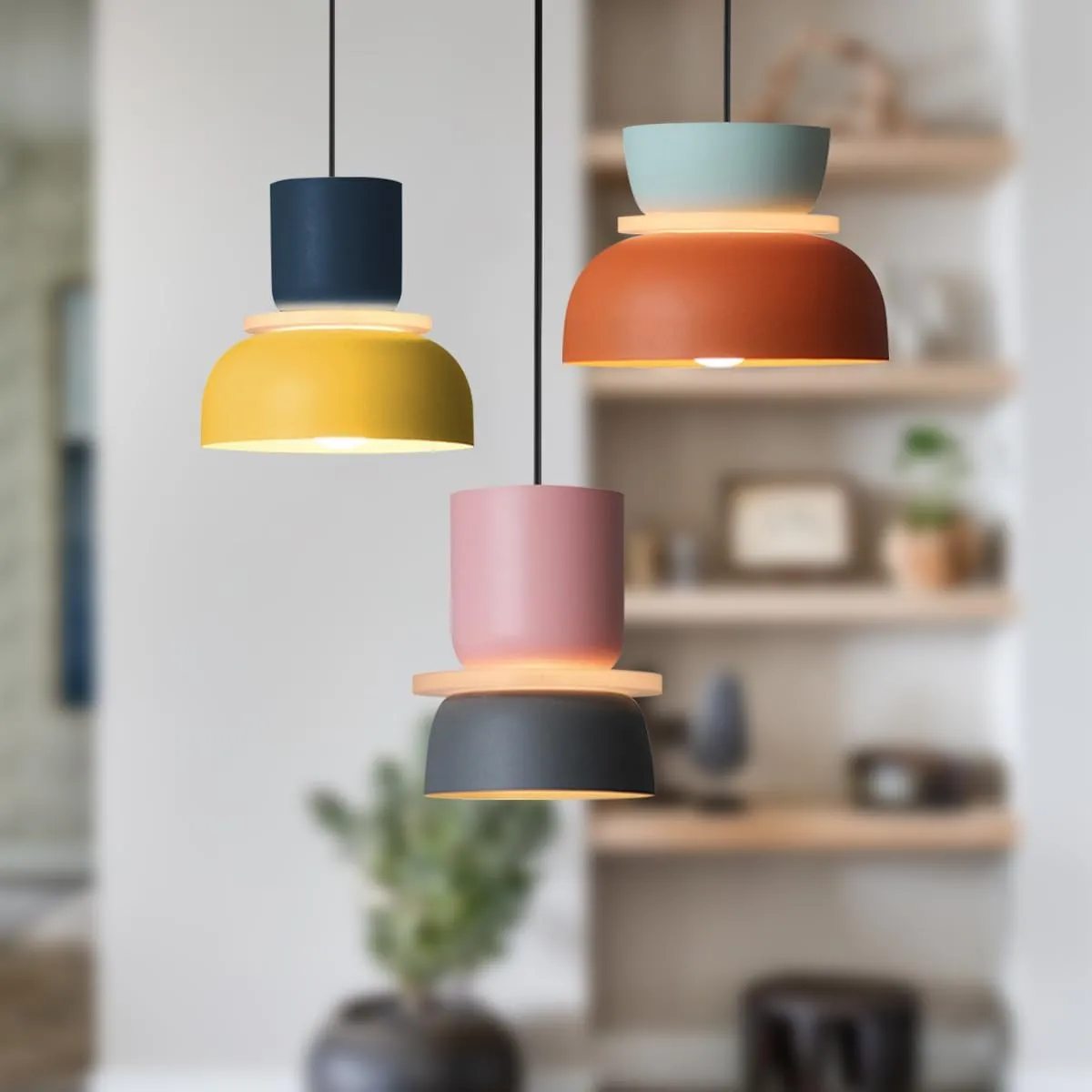 Nordic Modern Pendant Light Macaron Color Mid Century Hanging Light Fixture with Aluminum Shade Colorful Chandelier Ceiling Pendant Lights for Dining Room Kitchen (3-Light)