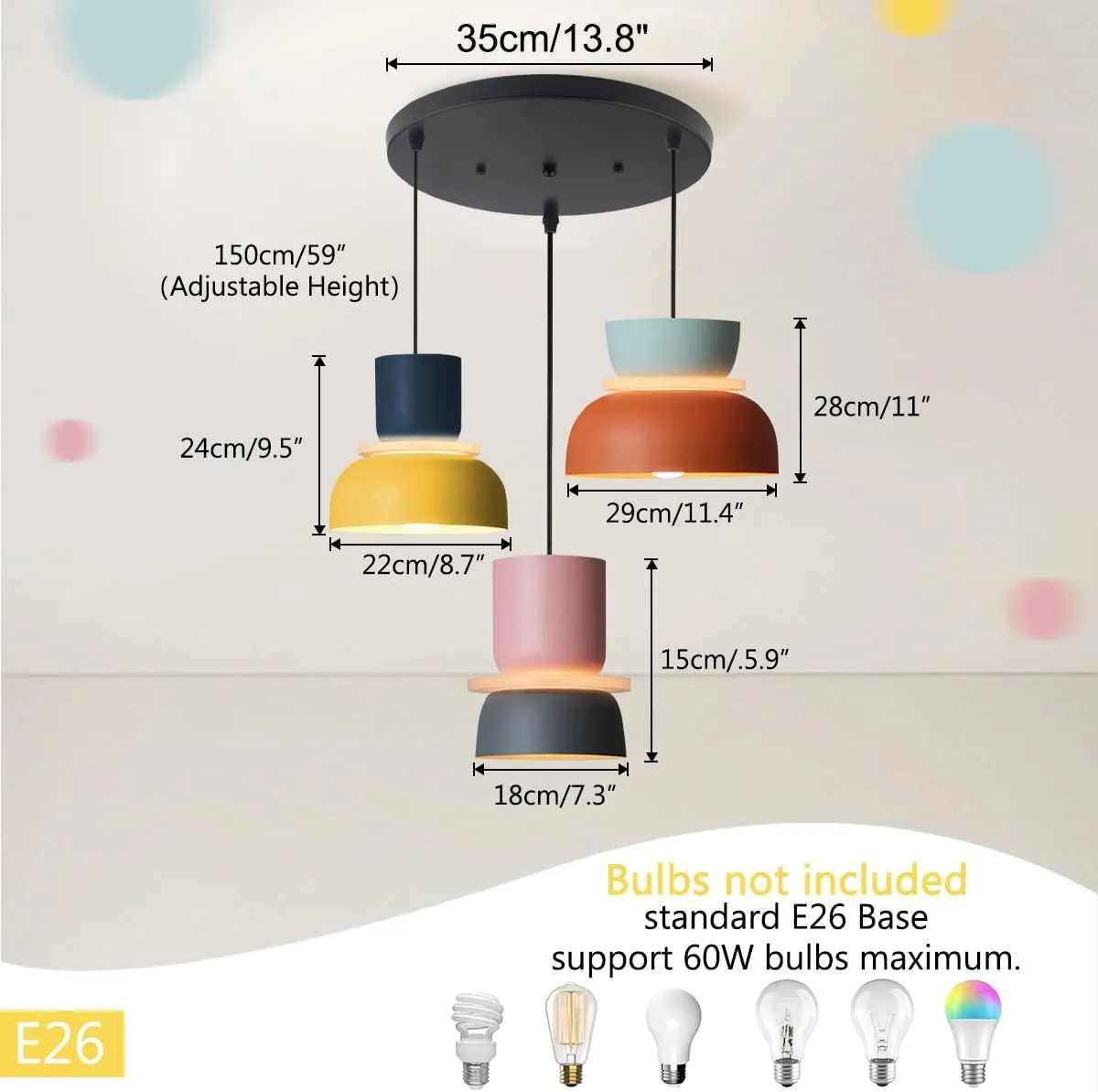 Nordic Modern Pendant Light Macaron Color Mid Century Hanging Light Fixture with Aluminum Shade Colorful Chandelier Ceiling Pendant Lights for Dining Room Kitchen (3-Light)