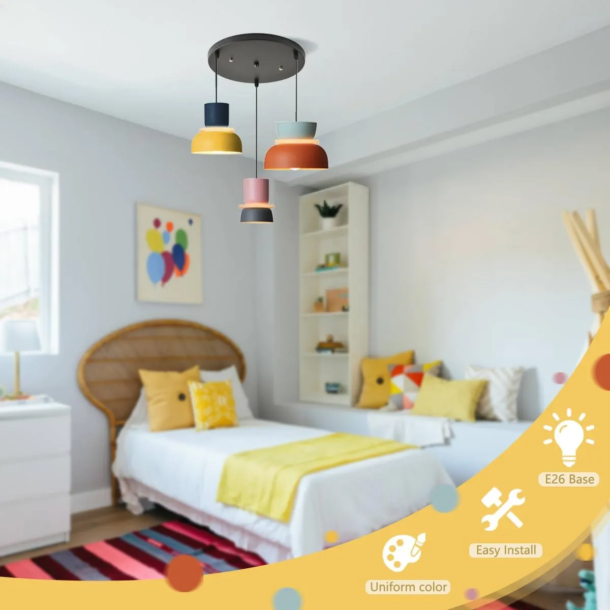 Nordic Modern Pendant Light Macaron Color Mid Century Hanging Light Fixture with Aluminum Shade Colorful Chandelier Ceiling Pendant Lights for Dining Room Kitchen (3-Light)