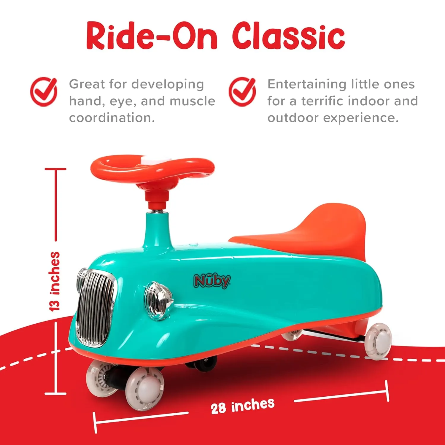 Nuby Twist N Ride Classic Ride on Cars - Riding Toys with Realistic Working Front & Back Lights - Fun Light Up Car Scooter with Music - Toddler Toys for 3 Years and Up - Aqua & Red Toy Scooter Car