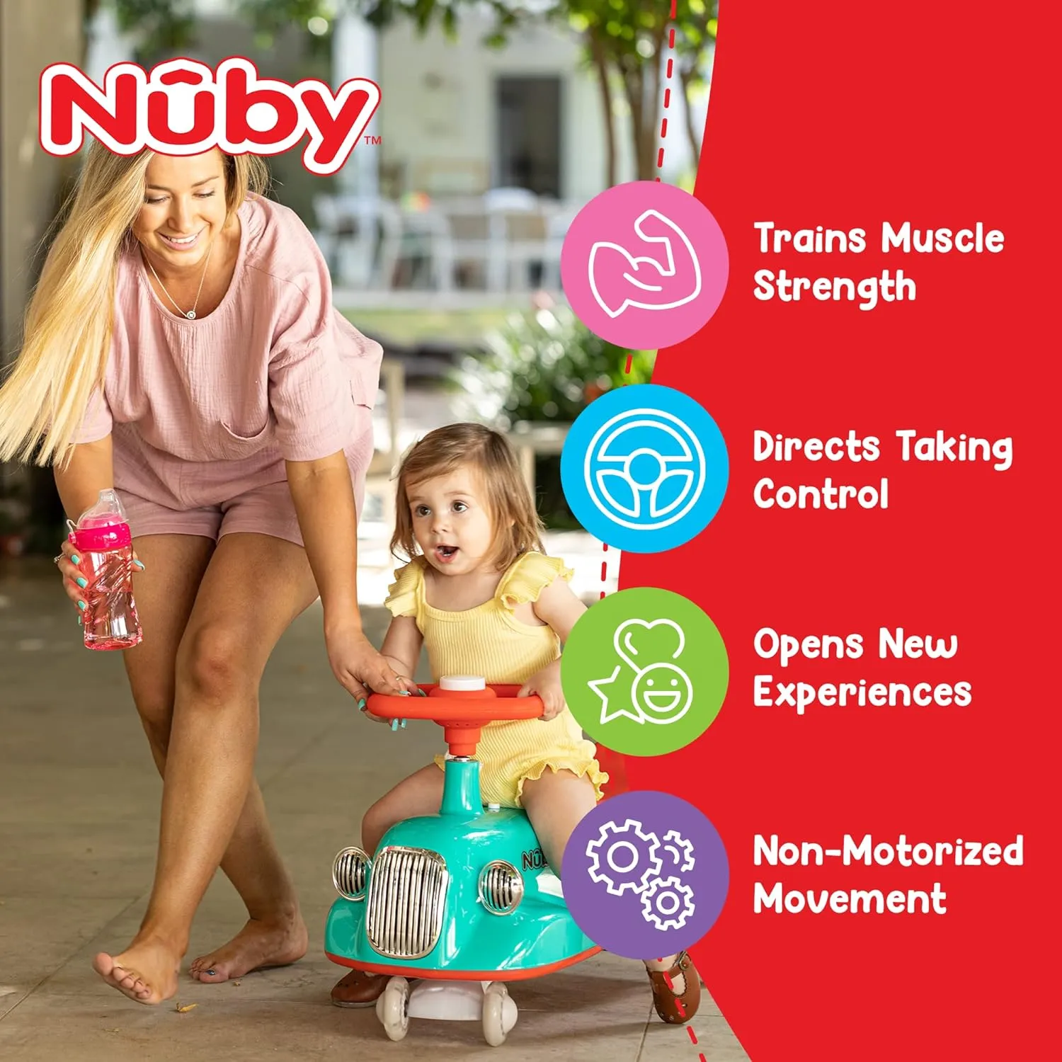 Nuby Twist N Ride Classic Ride on Cars - Riding Toys with Realistic Working Front & Back Lights - Fun Light Up Car Scooter with Music - Toddler Toys for 3 Years and Up - Aqua & Red Toy Scooter Car