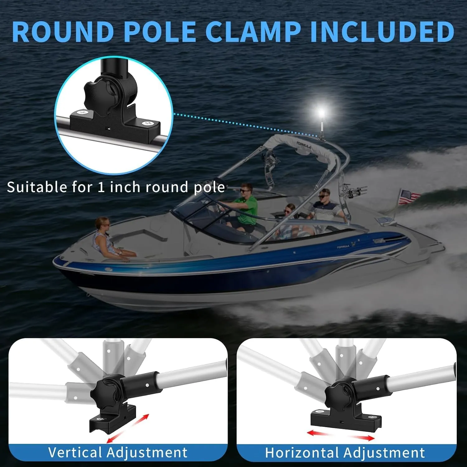 Obcursco Boat Stern Lights, 2NM 360° LED Anchor Light, IP67 Waterproof Bimini Top Lighting, Fold-Down White Navigation Lighting for Pontoon, Marine, Yacht, and Fishing Boats(12'' Vertical Swing)