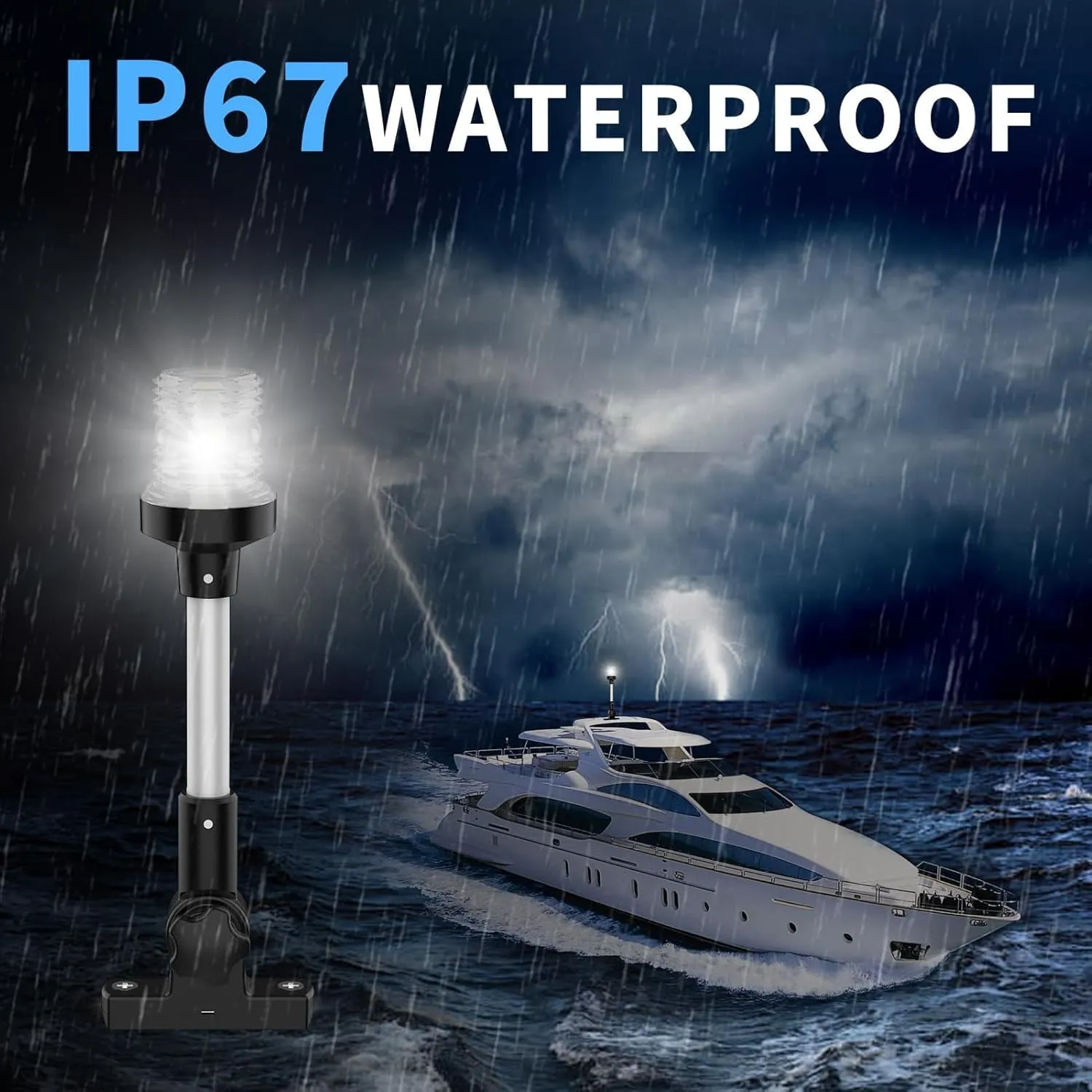 Obcursco Boat Stern Lights, 2NM 360° LED Anchor Light, IP67 Waterproof Bimini Top Lighting, Fold-Down White Navigation Lighting for Pontoon, Marine, Yacht, and Fishing Boats(12'' Vertical Swing)