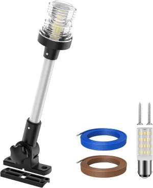Obcursco Boat Stern Lights, 2NM 360° LED Anchor Light, IP67 Waterproof Bimini Top Lighting, Fold-Down White Navigation Lighting for Pontoon, Marine, Yacht, and Fishing Boats(12'' Vertical Swing)