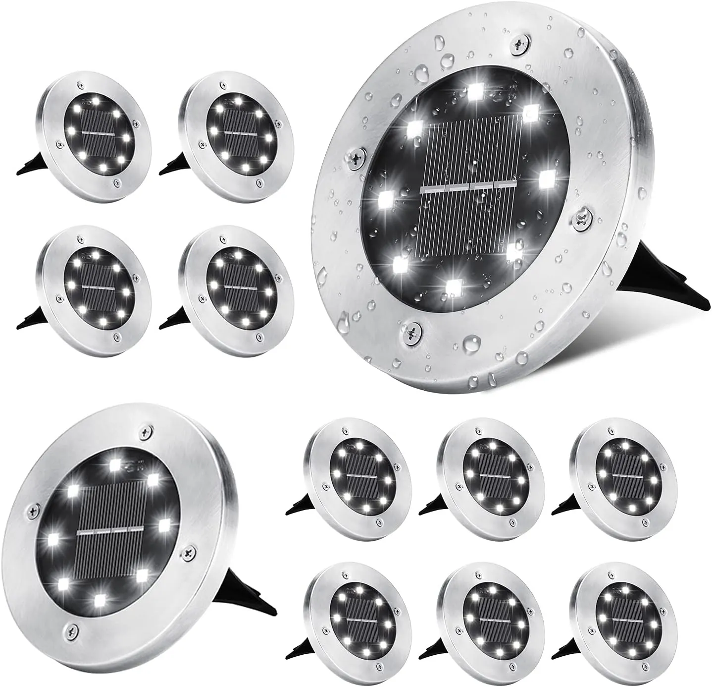 ODEETRONIC Solar Ground Lights, 12 Packs 8 LED Solar Disk Lights, Outdoor in-ground Light Waterproof, Round Solar-Powered Puck Light Flat Lamps for Landscape Pathway Yard Garden Walkway, Cool White