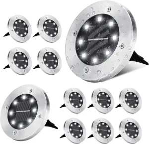 ODEETRONIC Solar Ground Lights, 12 Packs 8 LED Solar Disk Lights, Outdoor in-ground Light Waterproof, Round Solar-Powered Puck Light Flat Lamps for Landscape Pathway Yard Garden Walkway, Cool White