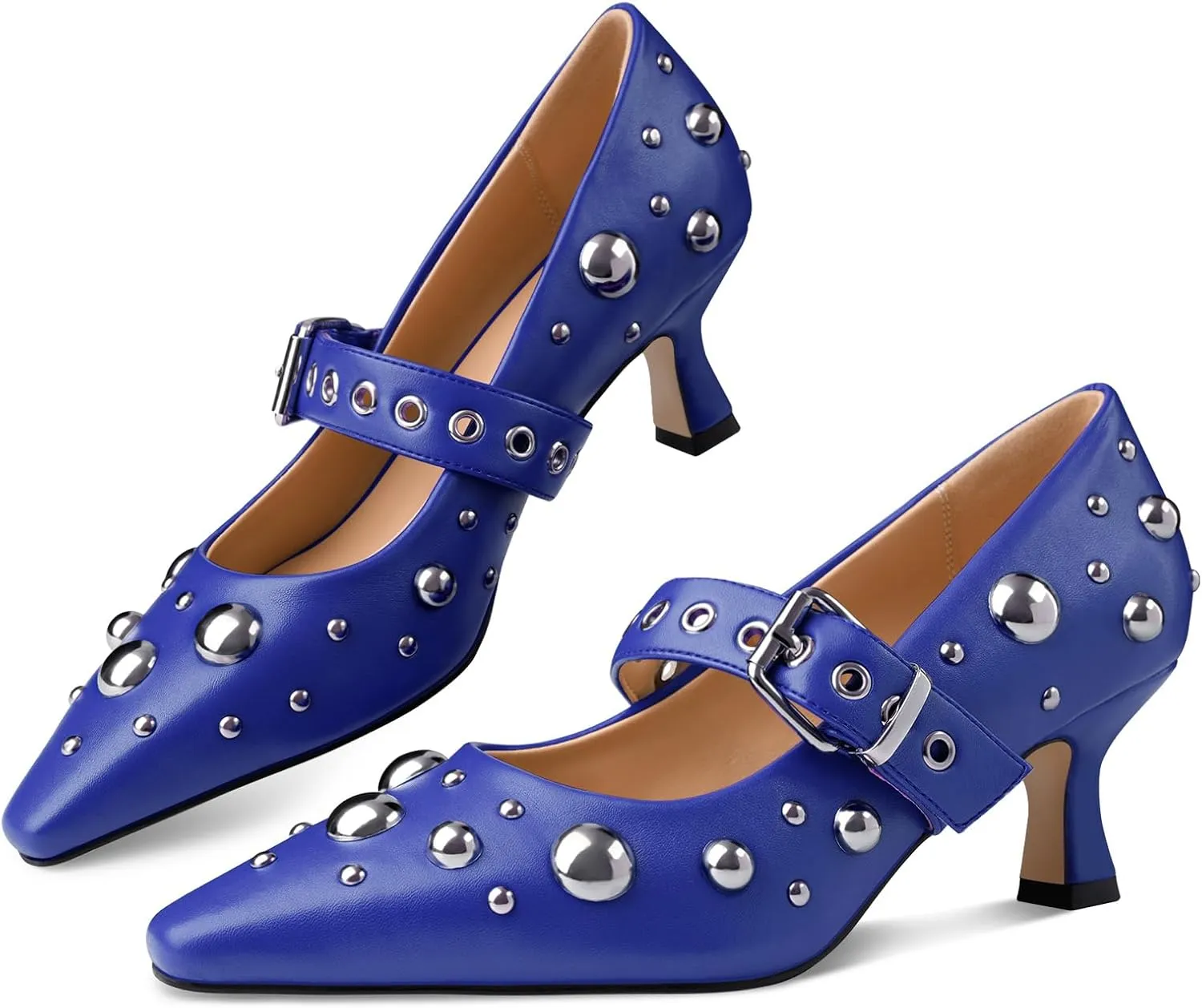Oh Mispares Women’s Pointed Toe Pumps Mary Jane Kitten Heel Closed Toe Dress Shoes Studded Strap Buckle 2 Inches Wedding Prom Business