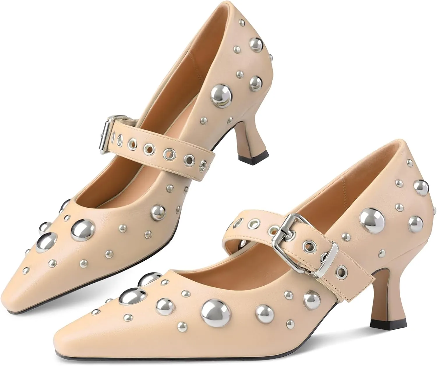 Oh Mispares Women’s Pointed Toe Pumps Mary Jane Kitten Heel Closed Toe Dress Shoes Studded Strap Buckle 2 Inches Wedding Prom Business
