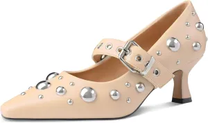 Oh Mispares Women’s Pointed Toe Pumps Mary Jane Kitten Heel Closed Toe Dress Shoes Studded Strap Buckle 2 Inches Wedding Prom Business