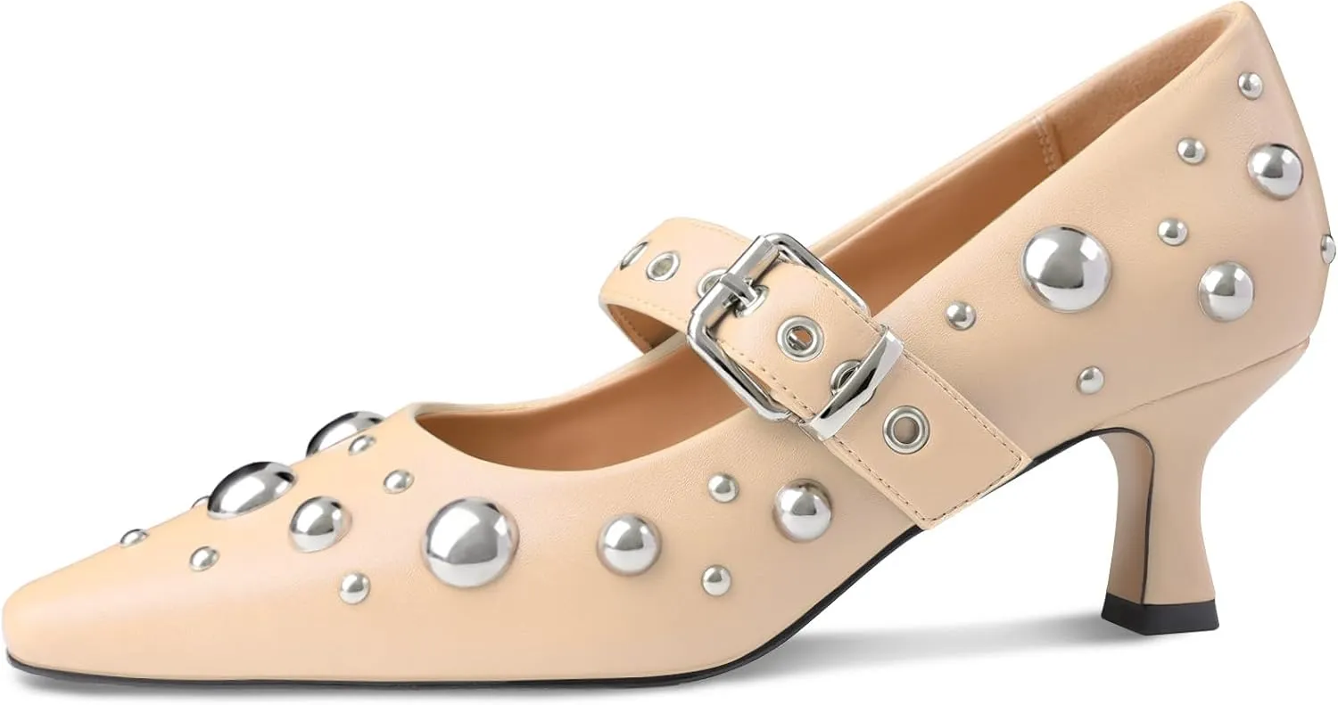 Oh Mispares Women’s Pointed Toe Pumps Mary Jane Kitten Heel Closed Toe Dress Shoes Studded Strap Buckle 2 Inches Wedding Prom Business